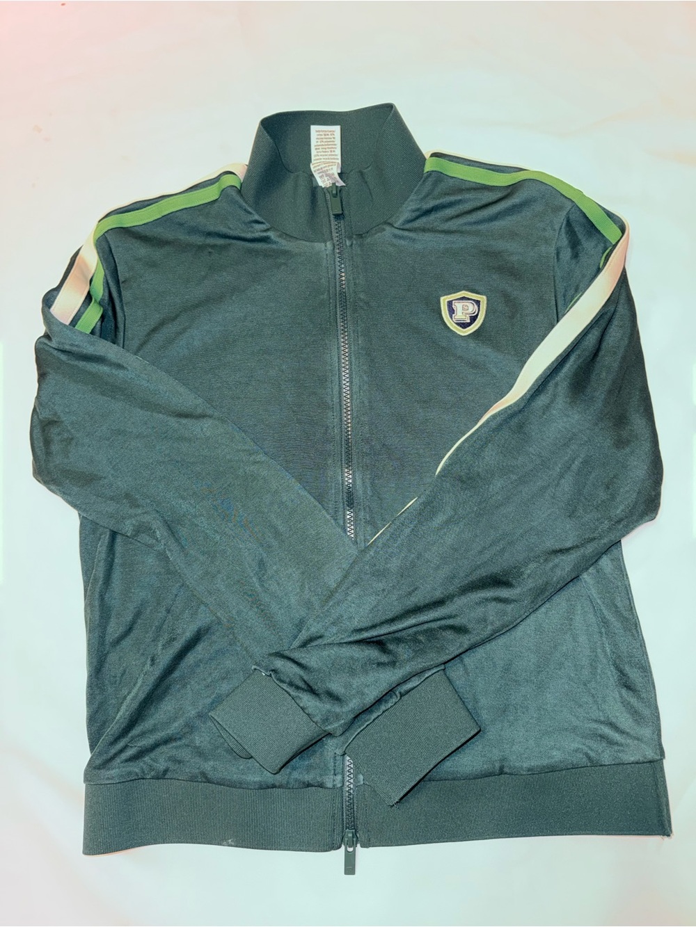 PINK Victoria's Secret Dark Green Track Zip-Up with Green & Cream Stripes